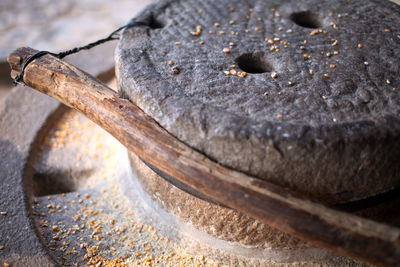 High angle view of rusty metal on table