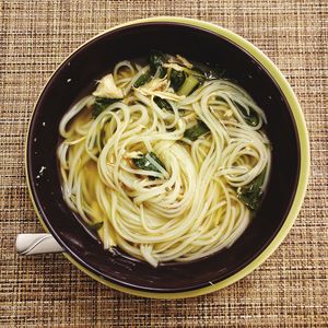 Directly above shot of noodles in bowl on table