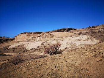 Scenic view of desert against clear blue sky