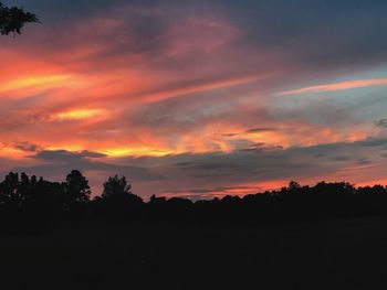 Silhouette trees against dramatic sky during sunset