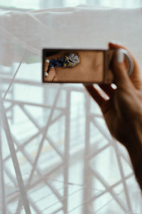 High angle view of woman hand holding paper