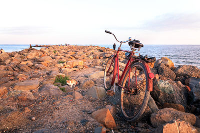 Bicycle on beach against sky