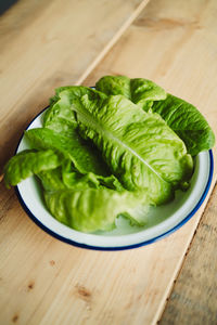 High angle view of salad in bowl on table