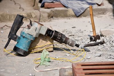 High angle view of messy machine at construction site