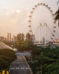 Ferris wheel by road against buildings in city