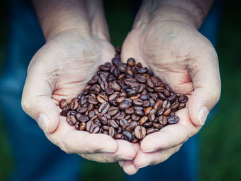 Cropped image of hand holding roasted coffee beans