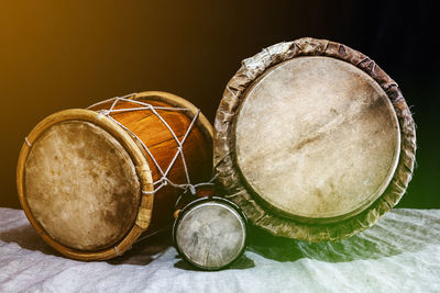 Close-up of musical equipment on floor