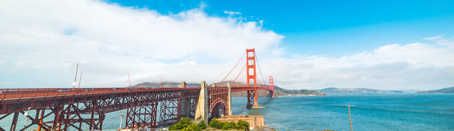 View of suspension bridge against cloudy sky