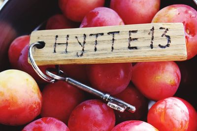 Close-up of key ring on fruits