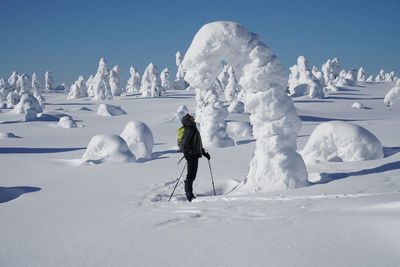 Man on snowcapped field against sky during winter