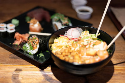 High angle view of food in bowl on table