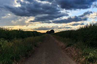 Road amidst field against sky during sunset