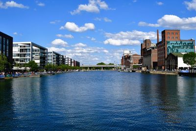 Buildings by river against sky