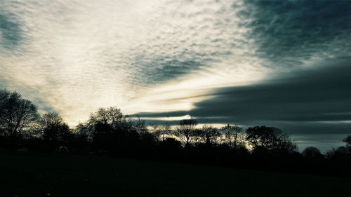 Silhouette of trees against cloudy sky