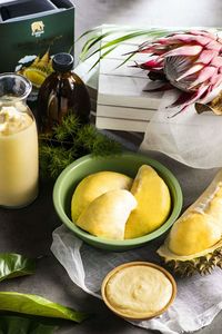 High angle view of fruits on table