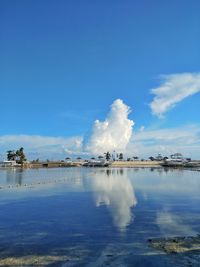 Smoke emitting from lake against sky