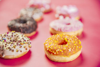 Close-up of donuts on table