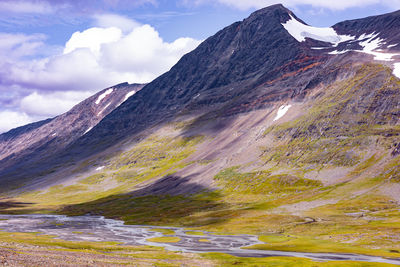 A beautiful summer landscape of sarek national park with river. wild scenery of northern europe.