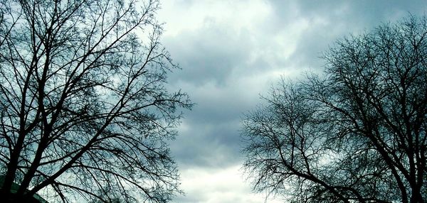 Low angle view of bare tree against cloudy sky