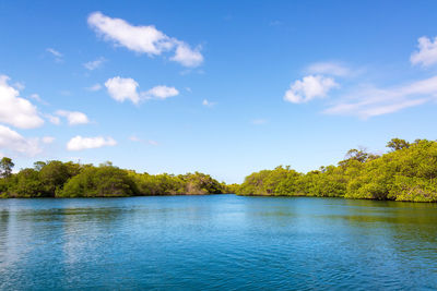 Scenic view of lake against cloudy sky