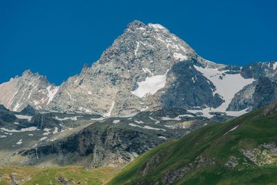 Scenic view of snowcapped mountains against clear sky