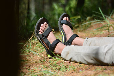 Low section of man wearing shoes on field