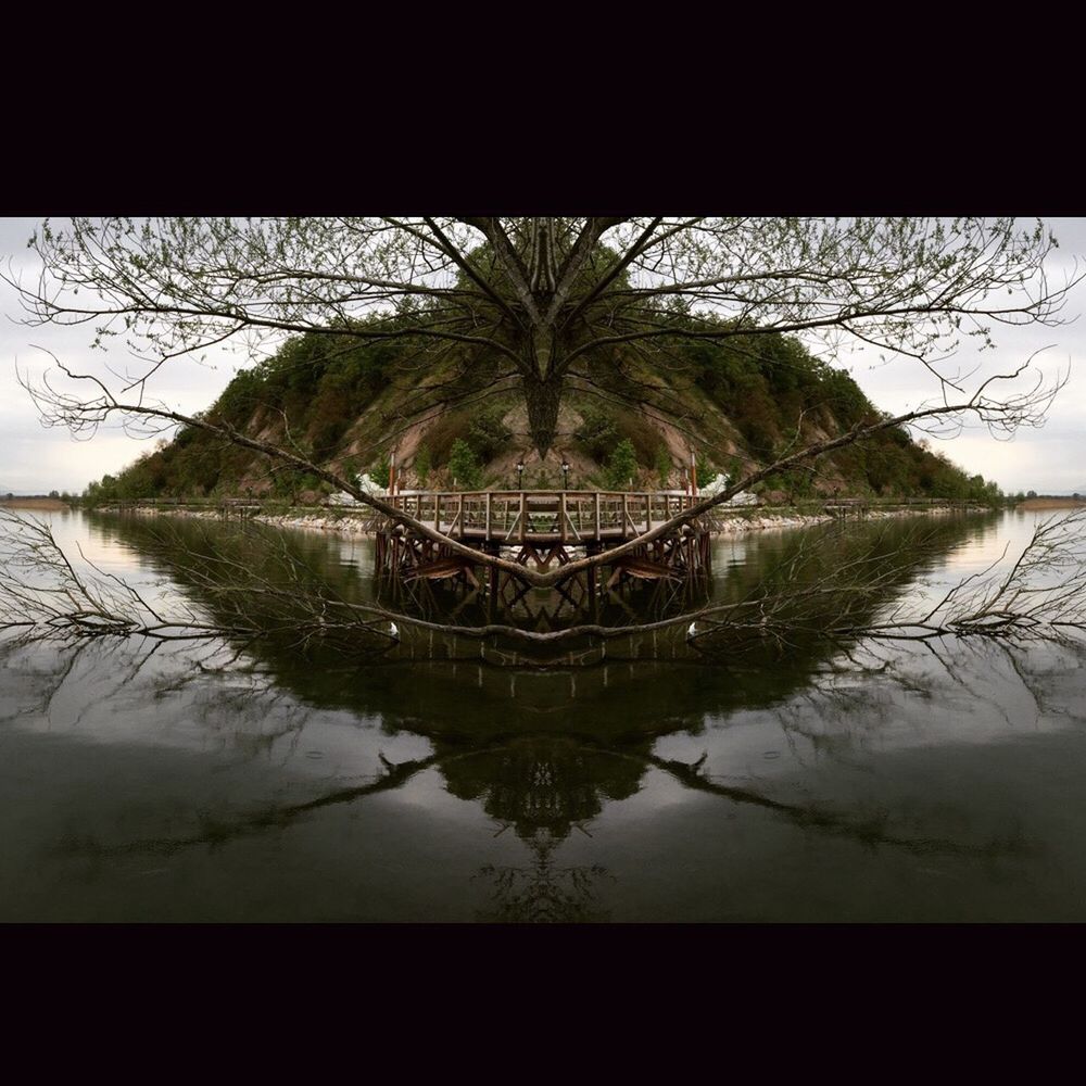 water, tree, reflection, built structure, architecture, transfer print, auto post production filter, sky, river, lake, bare tree, waterfront, nature, connection, tranquility, branch, bridge - man made structure, standing water, day, no people