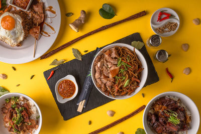 High angle view of meal served on table