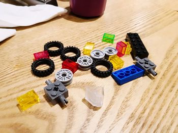 High angle view of toys on table