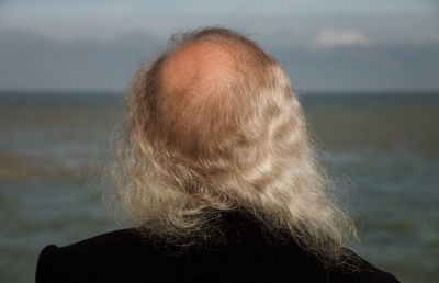 Rear view of balding man looking at sea