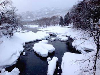 Scenic view of snow covered mountains