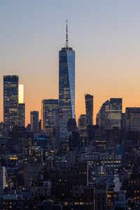 Aerial view of lower manhattan at sunset