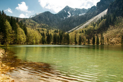 Scenic view of lake with mountains in background