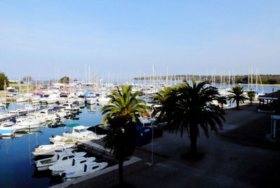 Boats in calm sea against clear sky