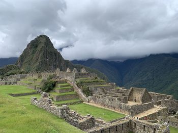 High angle view of old ruins against sky