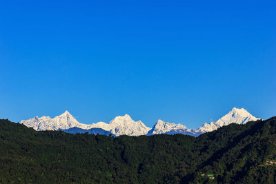 Scenic view of snowcapped mountains against clear blue sky