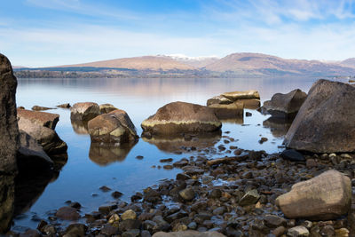 Scenic view of rocks in lake against sky