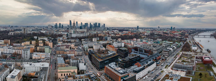 Panoramic aerial view of the modern skyscrapers and business center in warsaw.