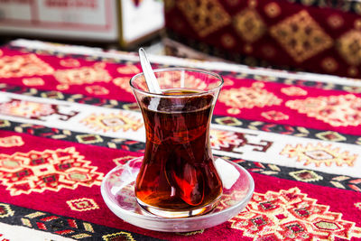 Close-up of drink served on table