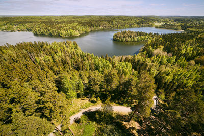 High angle view of trees by lake against sky