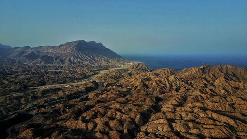 Aerial view of volcanic landscape against clear sky