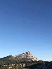 Low angle view of rocks against clear blue sky