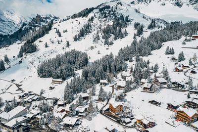 High angle view of snow covered landscape