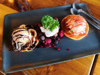 High angle view of food in plate on table