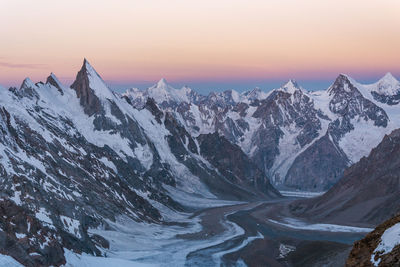 Scenic view of snowcapped mountains against sky during sunset