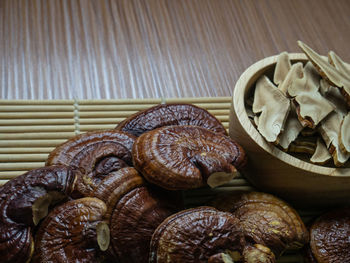 High angle view of shells on table