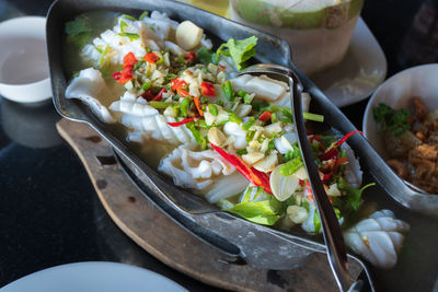 High angle view of chopped vegetables in bowl