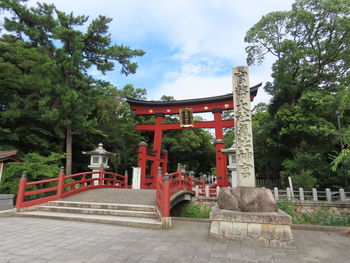 View of temple against building