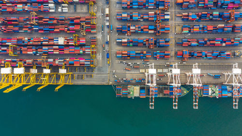 Aerial view container ship working at seaport, global business company import export logistic