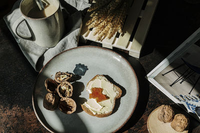 Delicious breakfast with toast and walnuts